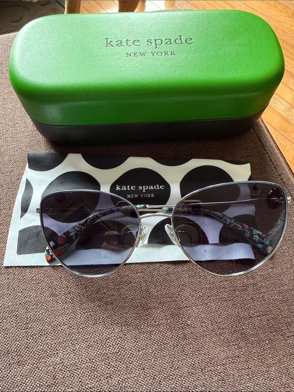 kate spade Silver Frame Sunglasses with Black Gradient Lenses and Floral Temples